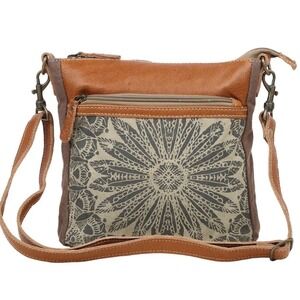 Myra Vintage Y2K Dizzy Circle Canvas Leather Upcycled Boho Crossbody Bag